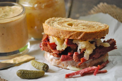 Reuben Sandwich with Homemade Corned Beef via Relishing It