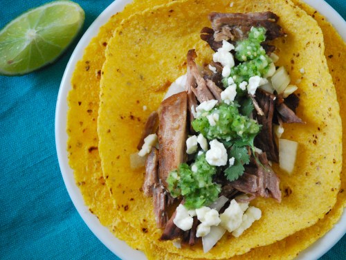 Carnitas Tacos and Fresh Tomatillo Salsa via Relishing It