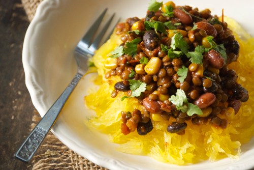 Vegetarian Lentil Taco Soup Over Spaghetti Squash | Relishing It